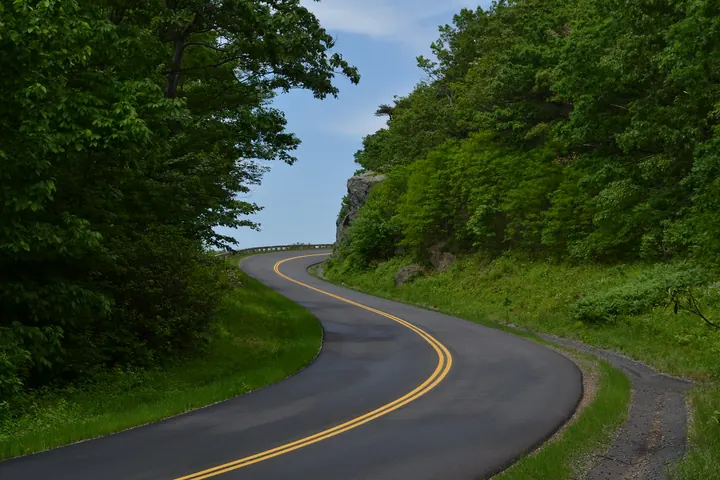 A two-lane road with a double yellow line curving through dense green forest on the Blue Ridge Parkway